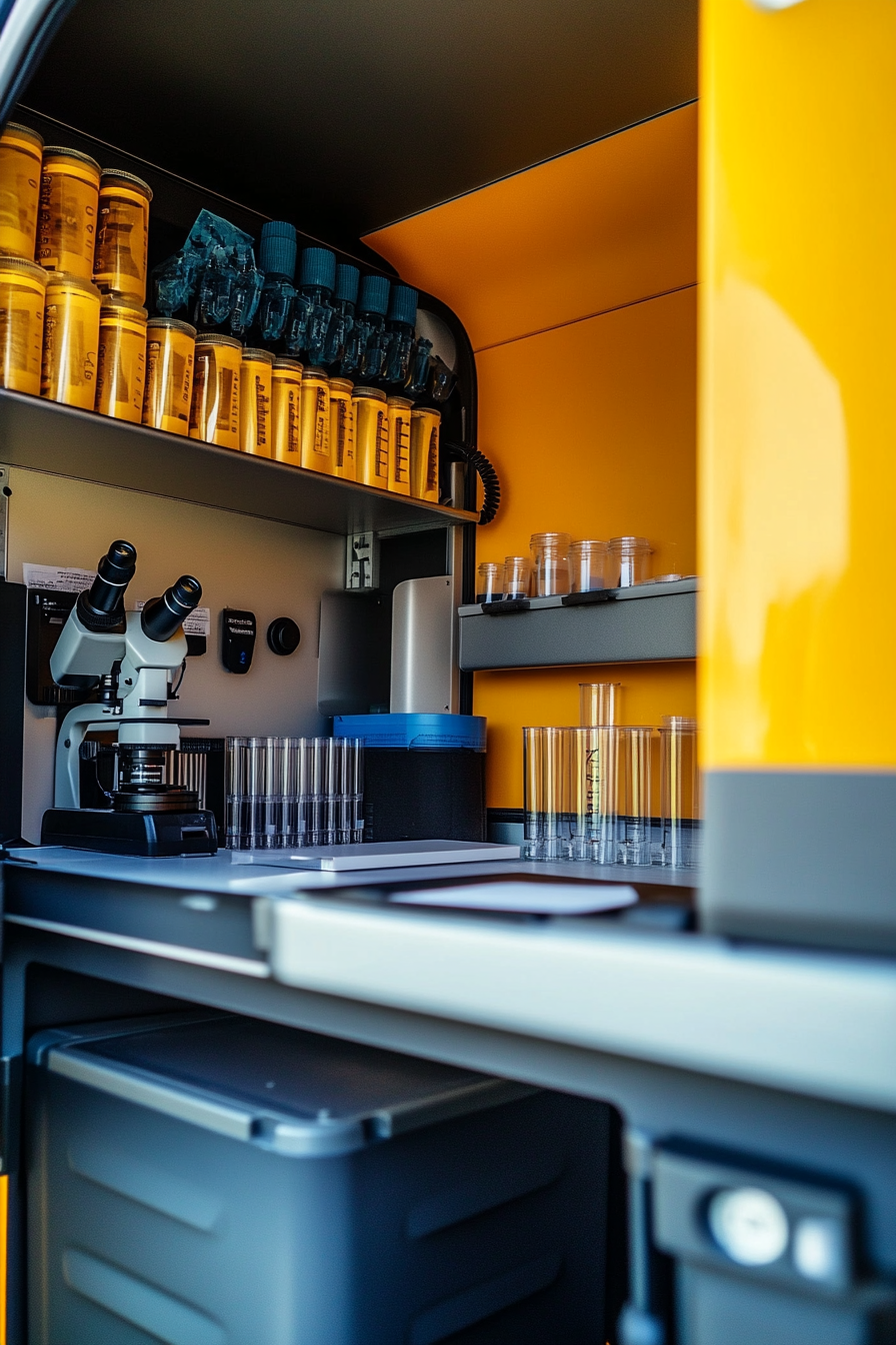 Research Mobile Space. Detailed field lab with microscope and test tubes.