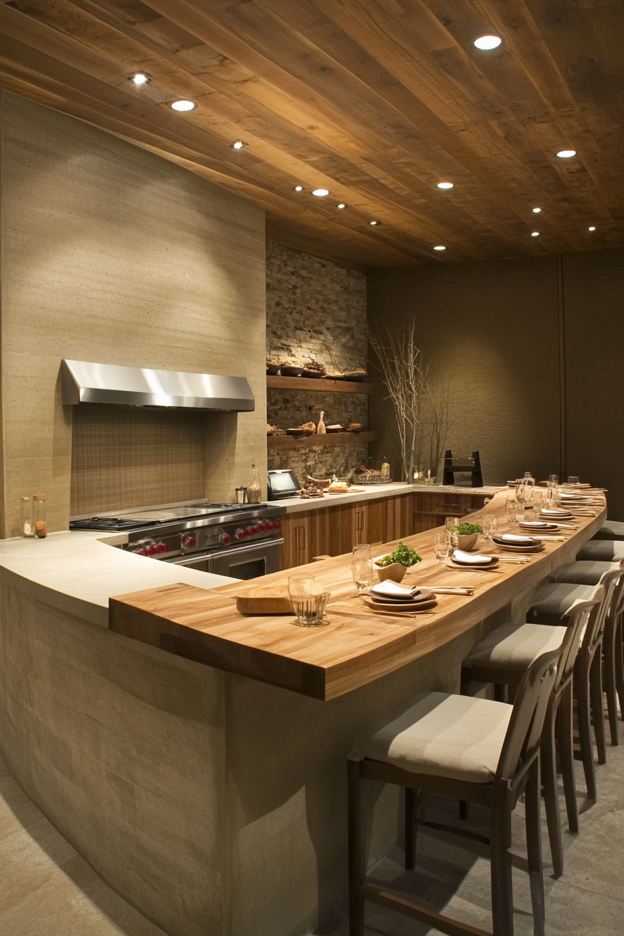 Social cooking space. Wood prep stations, large stone-table eating area, recessed corner display shelf.