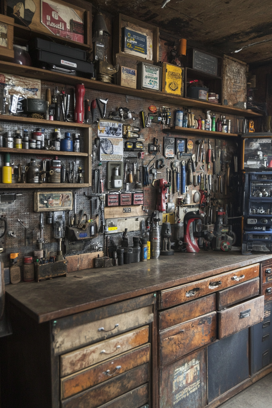 Technical Support Space. Vintage toolbox wall, cold-wash station, organized spare parts corner.