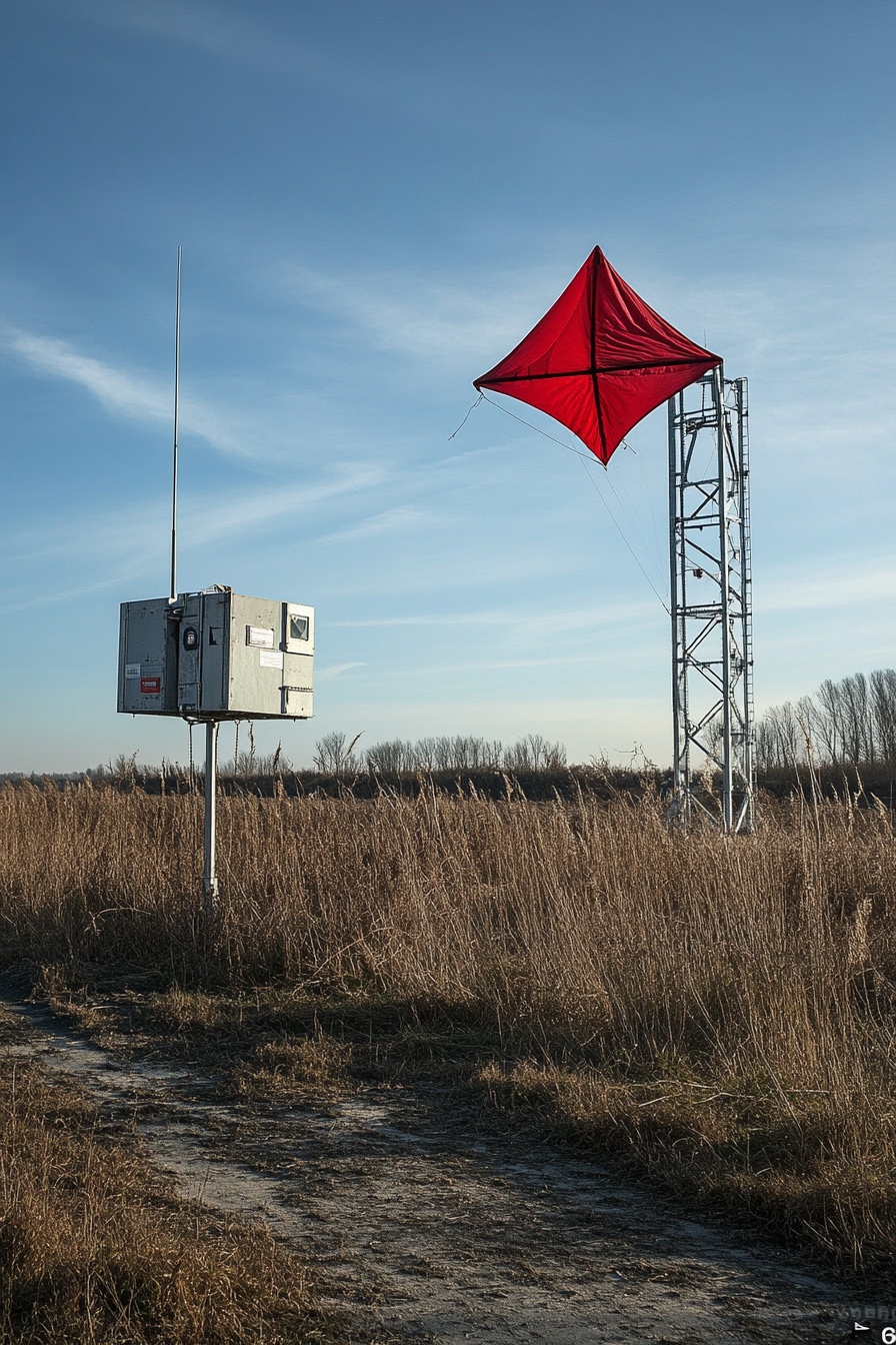 Adventure Launch Space. Red kite needing repair beside the metallic weather station.