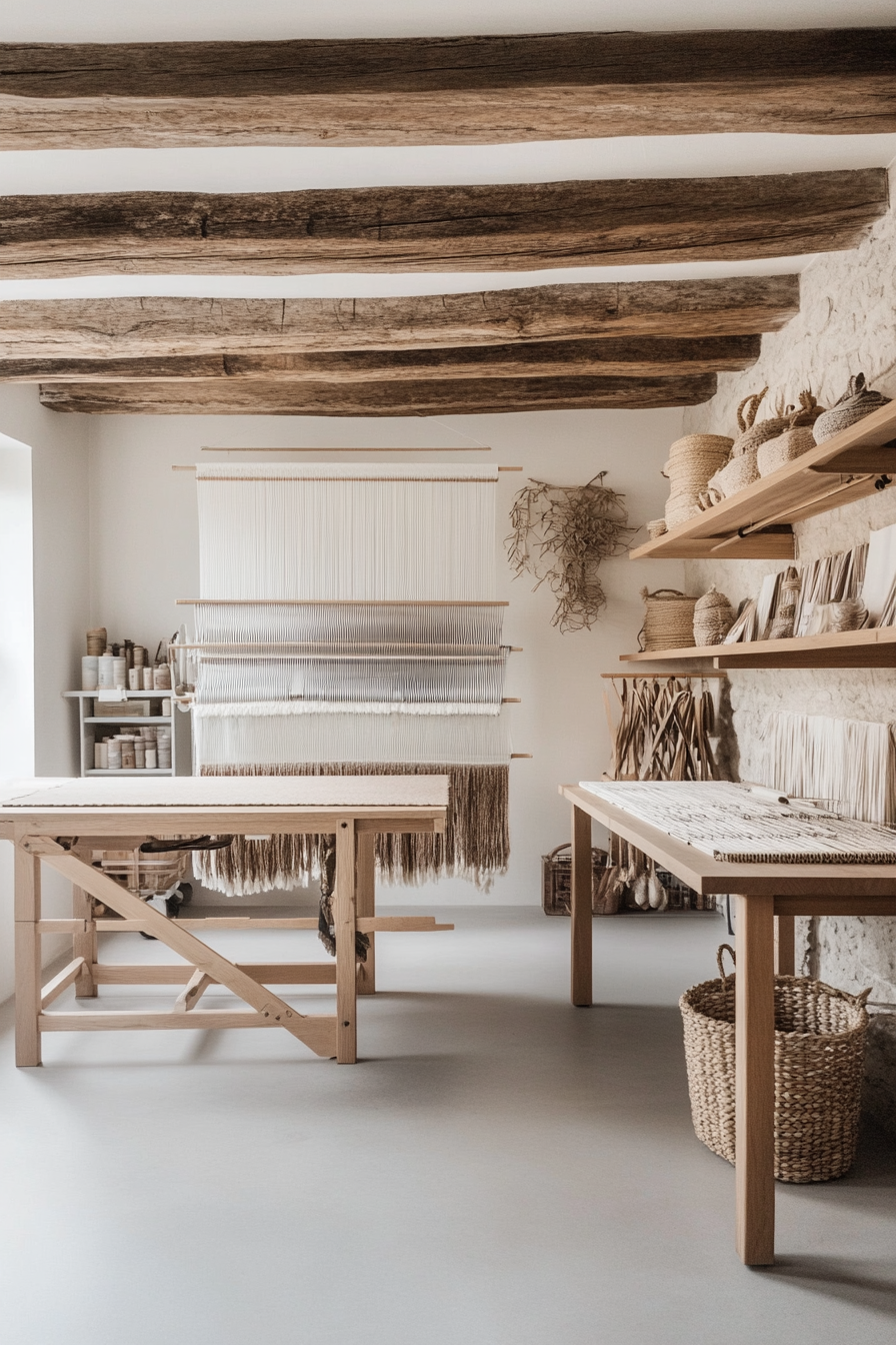 Craft Space. Hanging ceiling loom, pastel textile color-coding system, minimalistic oak workshop workbench.