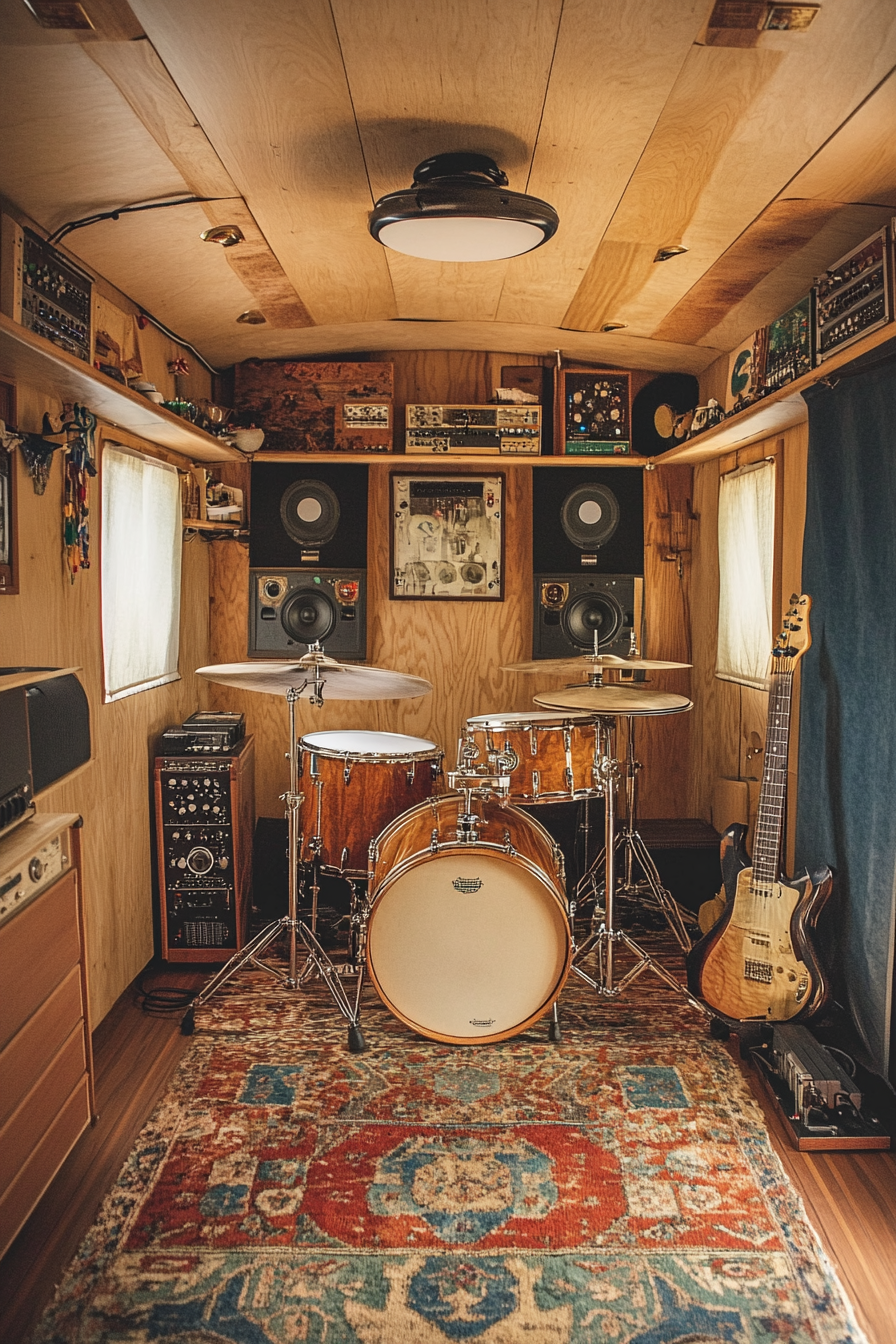 Mobile Studio Space. Hand-painted drum set nestled in teakwood recording booth.