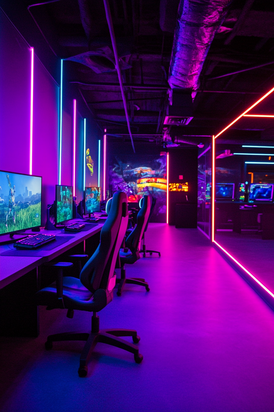 Social Gaming Space. PlayStation tournament area with bright neon lighting.