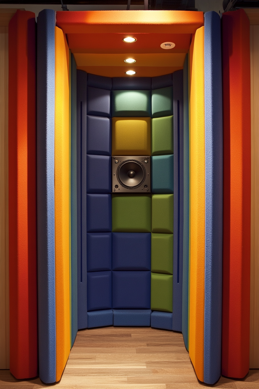 Mobile Recording Space. Mini sound booth with multi-colored soundproof panels.