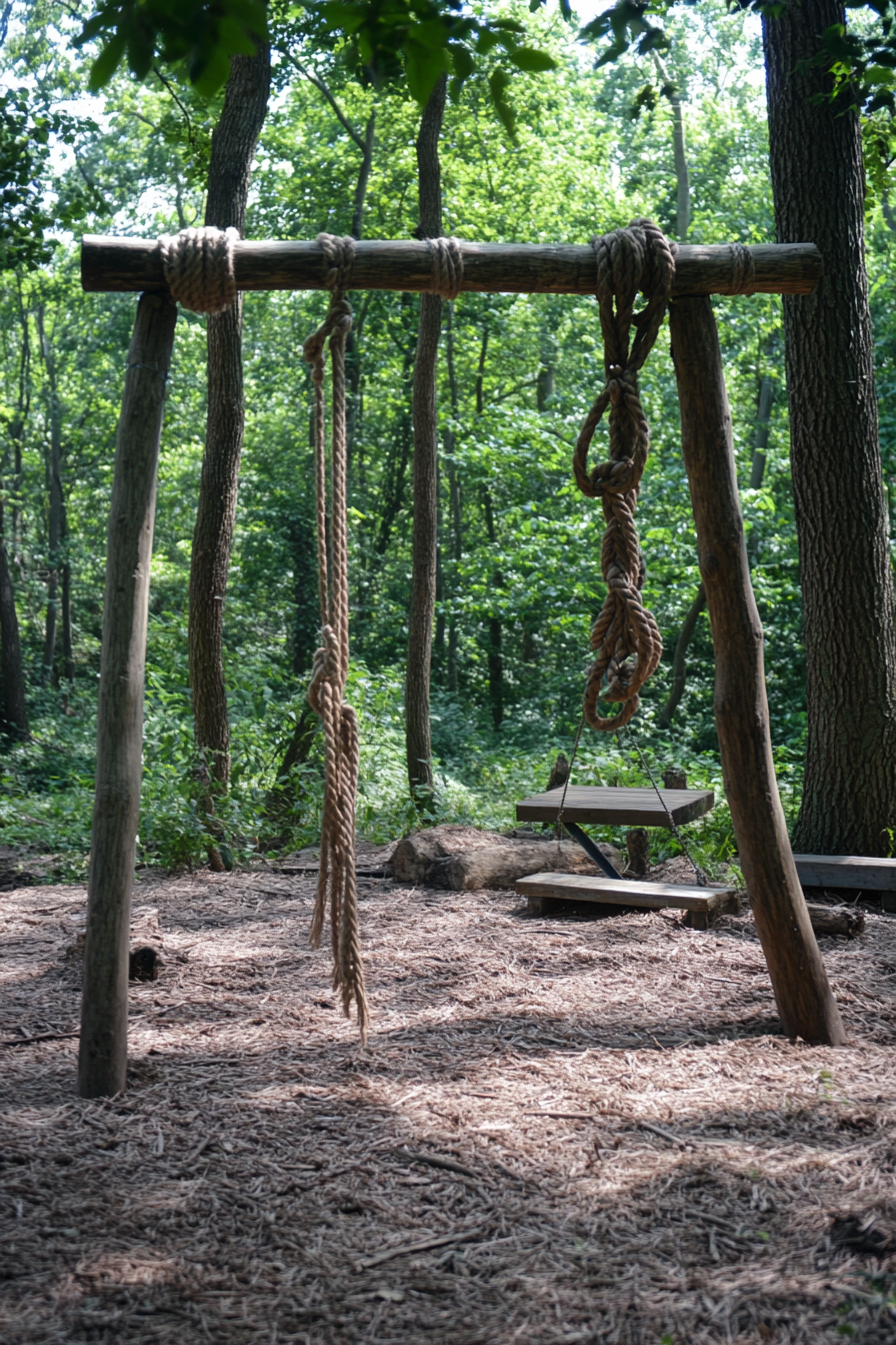 Outdoor education space. Survival skills station with rope knotting setup.