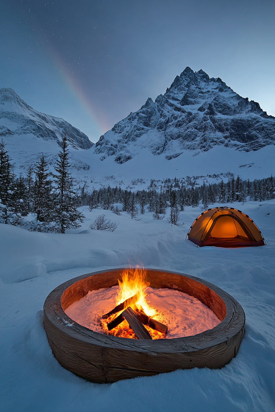 High Alpine Site. Wind-protected fire pit facing snow-covered mountain peaks, aurora viewing tent nearby.