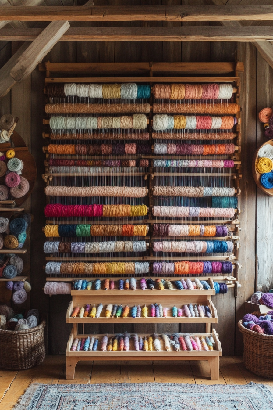 Craft space. Wooden loom storage flanked by wall-mounted yarn-colored display.