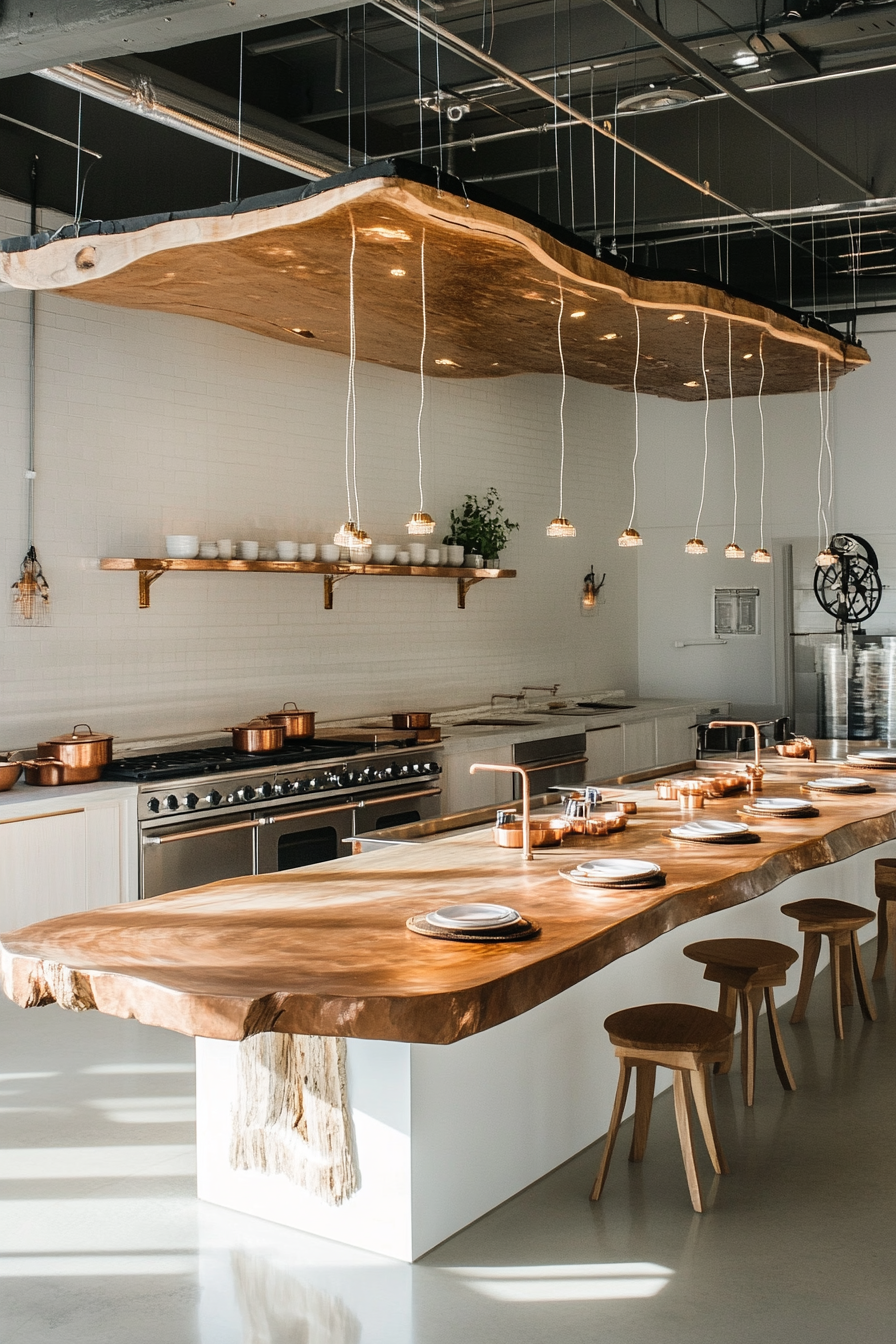 Social Cooking Space. Central Island with copper prep stations, communal oak top table, and storytelling rotary bar.