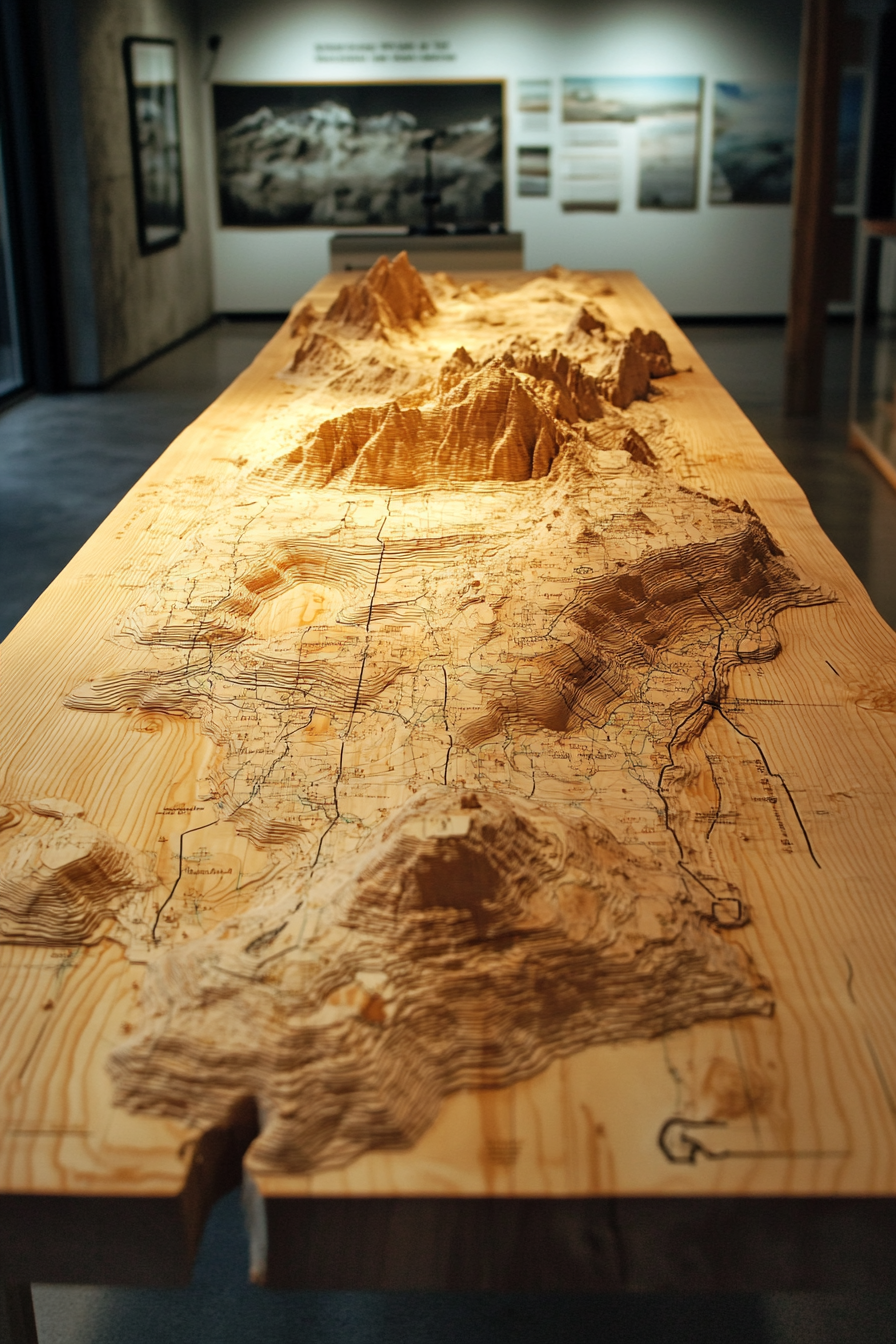 Mountain community space. Birch wood table with maps and topographical models.