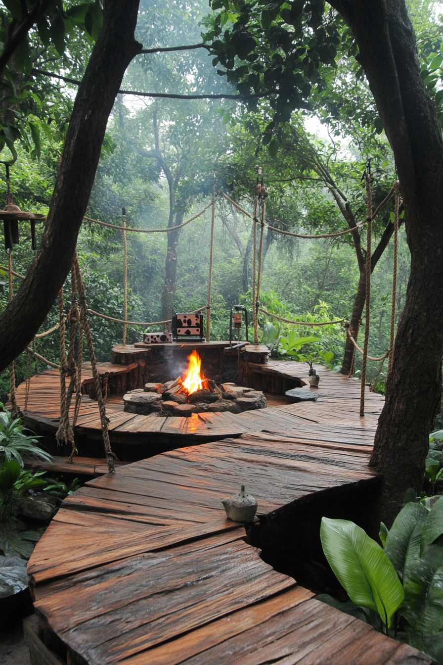 Jungle clearing. Wood platform with rope suspension bridge, open fire pit, animal print binoculars.