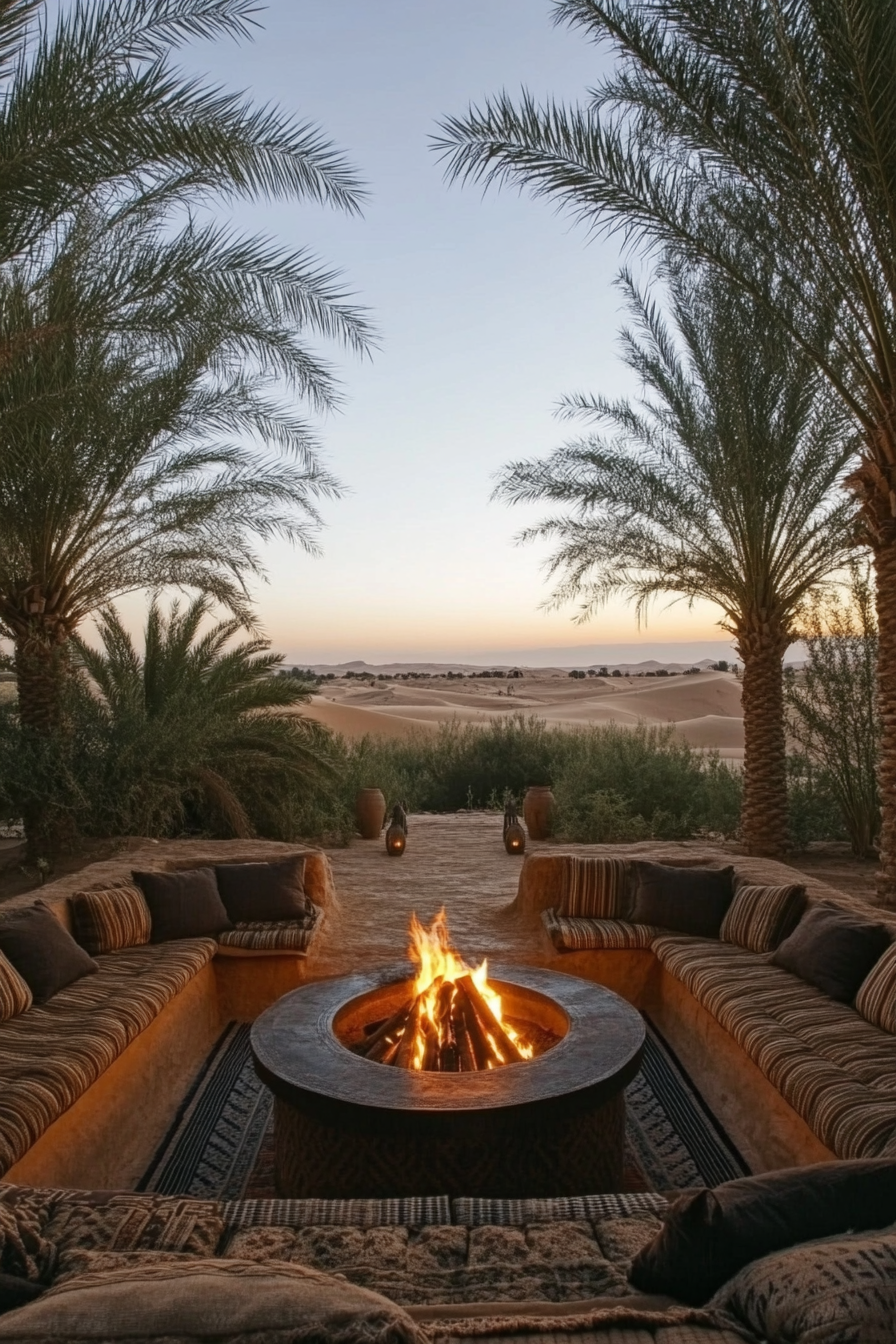 Palm Grove Space. Marrakesh style fire pit, oasis-like spring and dune panorama.