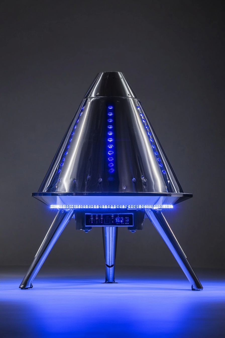 Alpine mobile space. Stainless steel drone station with blue LED lights.