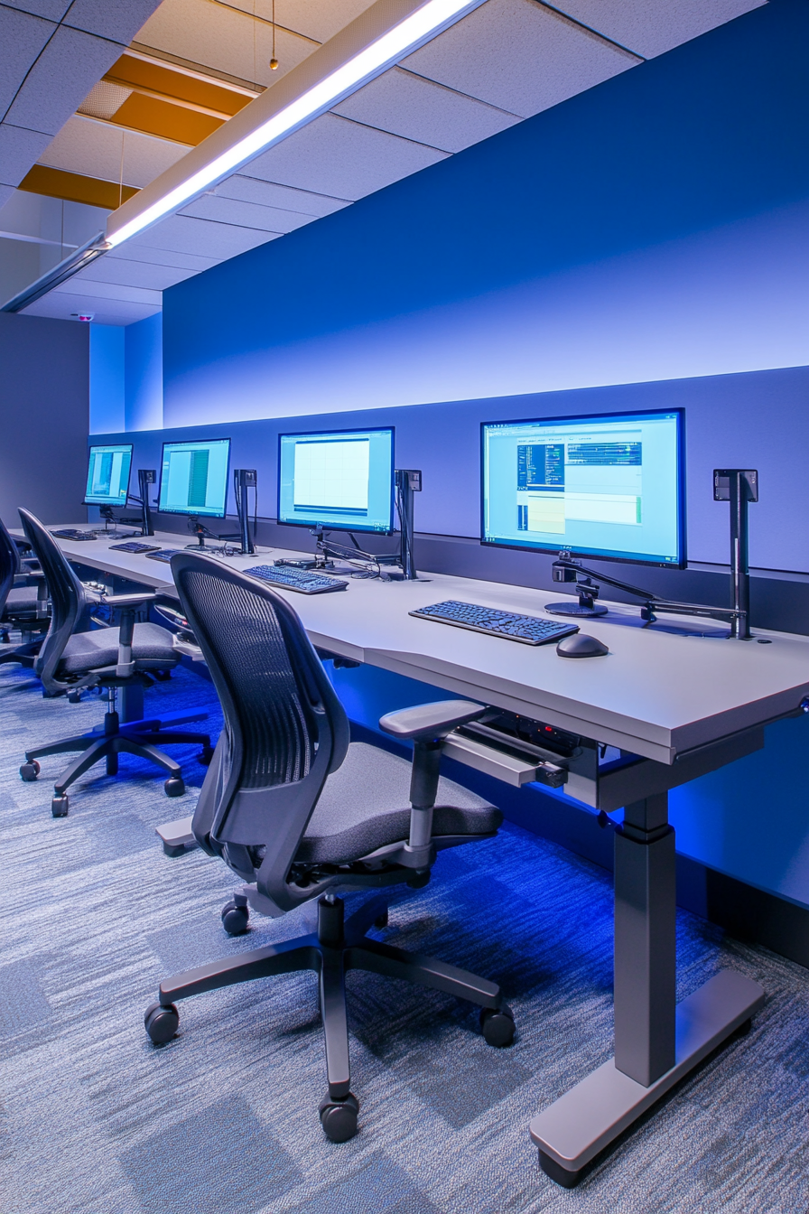 Creative learning space. Adjustable height desks with high-tech computers in the editing lab.