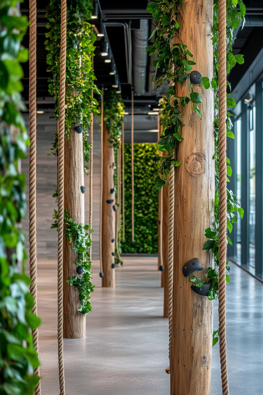 Fitness Community Space. Greenery surrounded rope climbing pole.