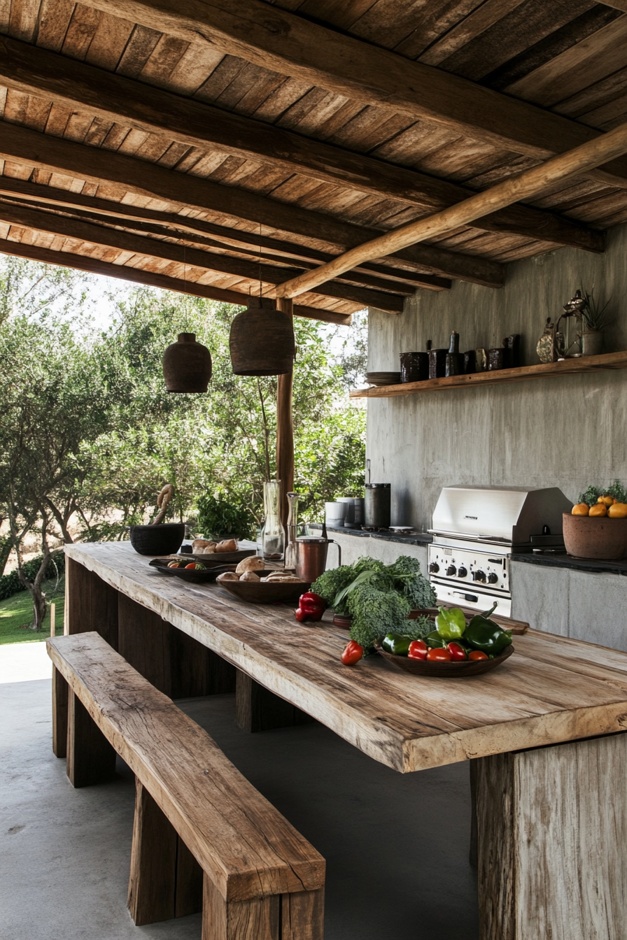 Community living space. Outdoor kitchen with rustic dining table and vintage block board.