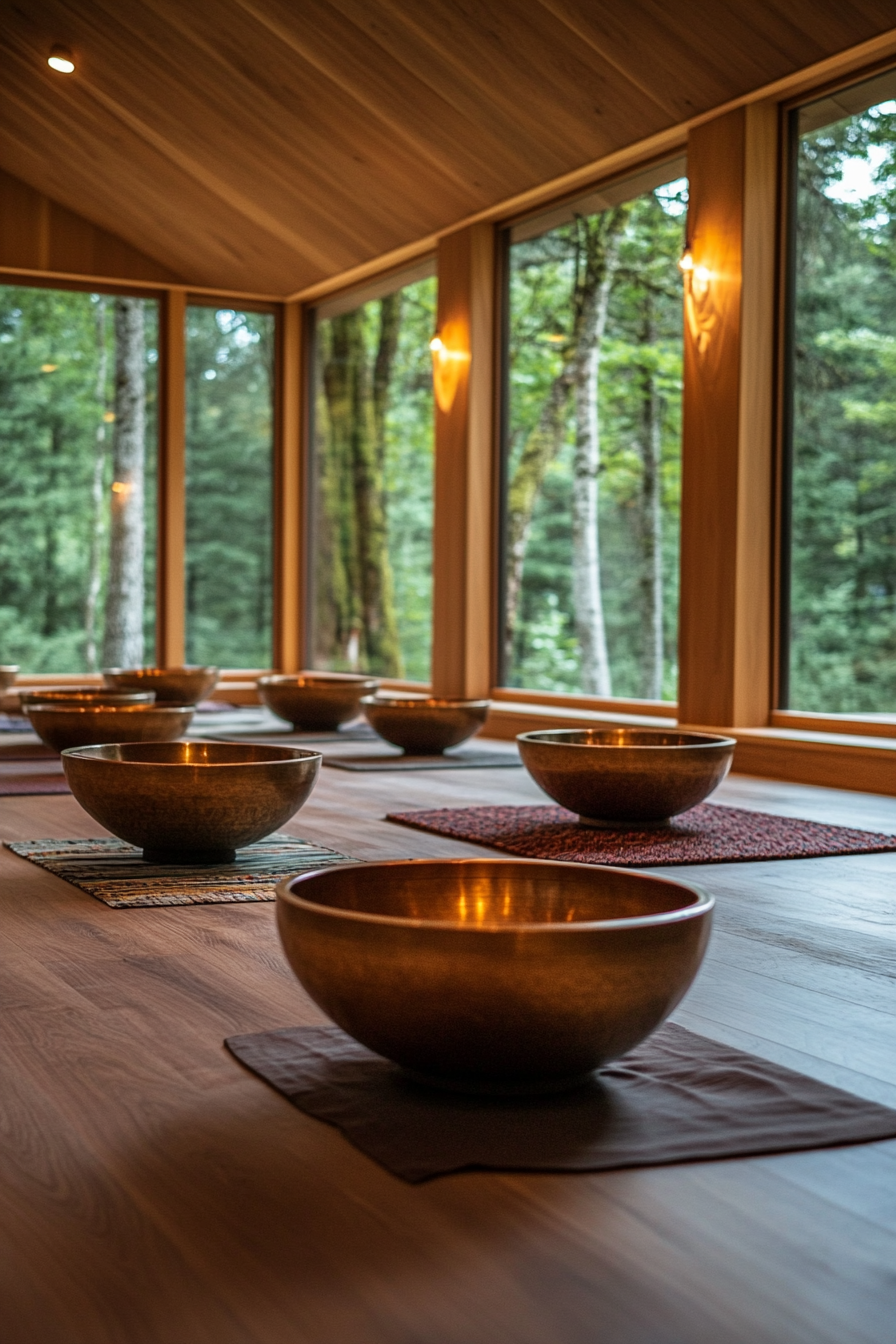 Mountain wellness space. An open tibetan singing bowl ceremony area with wooded flooring.