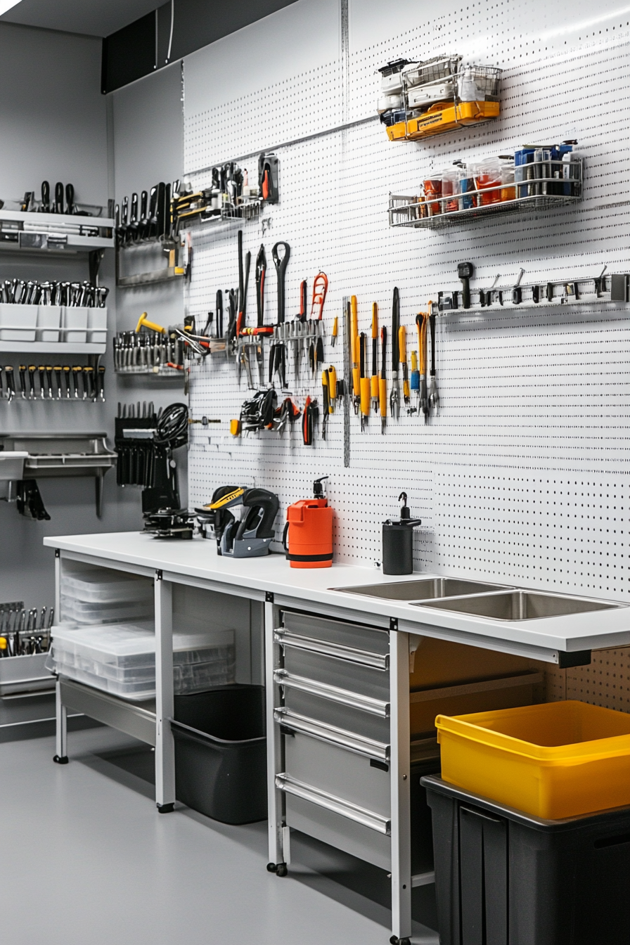 Technical Support Space. Whiteboard walls with tool organizers, steel wash basin, boxes of spare parts.