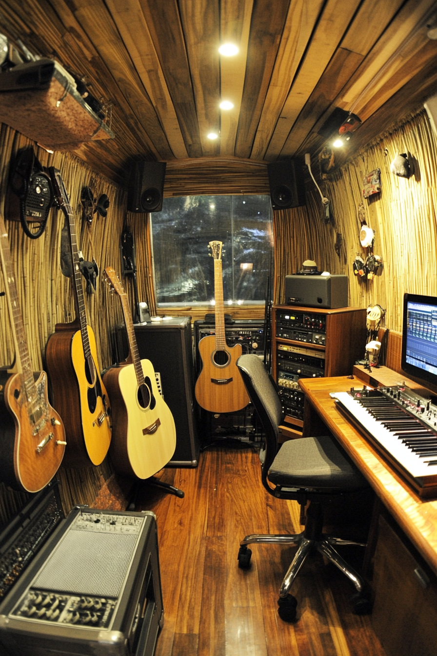 Mobile Studio Space. Wall-mounted guitar hooks, compact recording booth, bamboo beach stage.