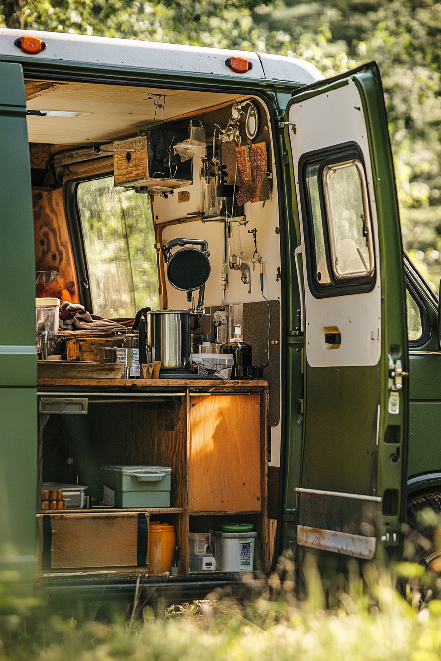 Research Mobile Space. Green compact camper van with rustic field lab equipment.