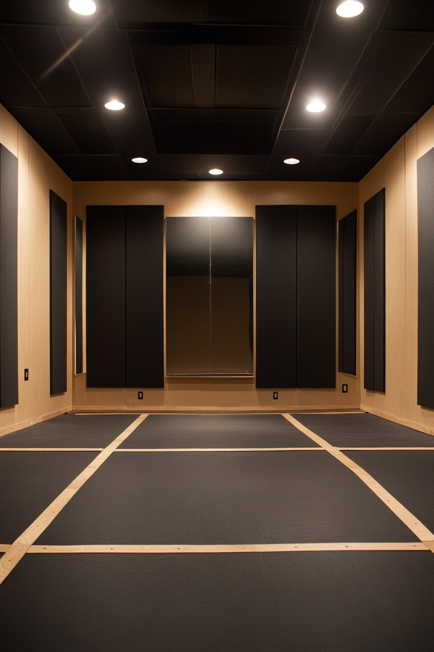 Movement Practice Space. Soundproof wall, sprung floor, surround audio and full-length mirror.