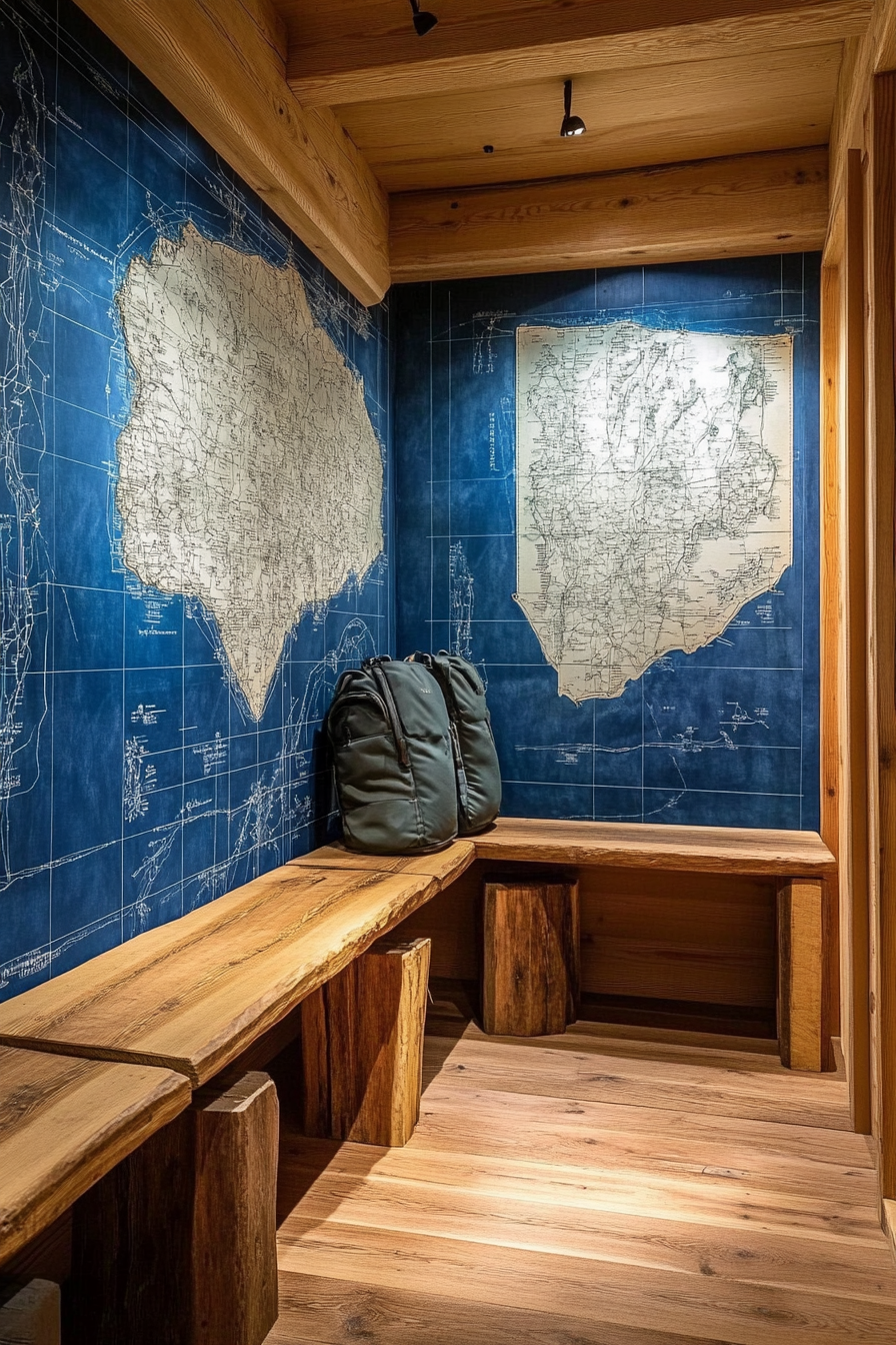 Mountain community space. Blueprint walls and wooden communal gear storage with map room.