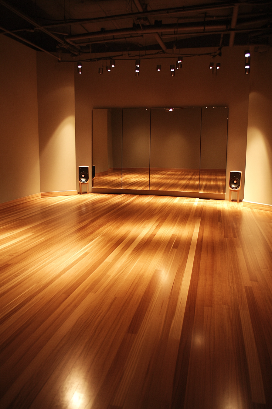 Movement practice space. Sprung hardwood floor with sleek giant mirror and surround sound speaker system.