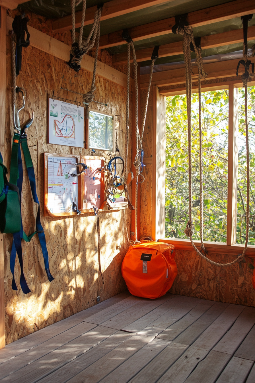Outdoor education space. Skills station with rope climbing, orienteering resources, first aid kit.
