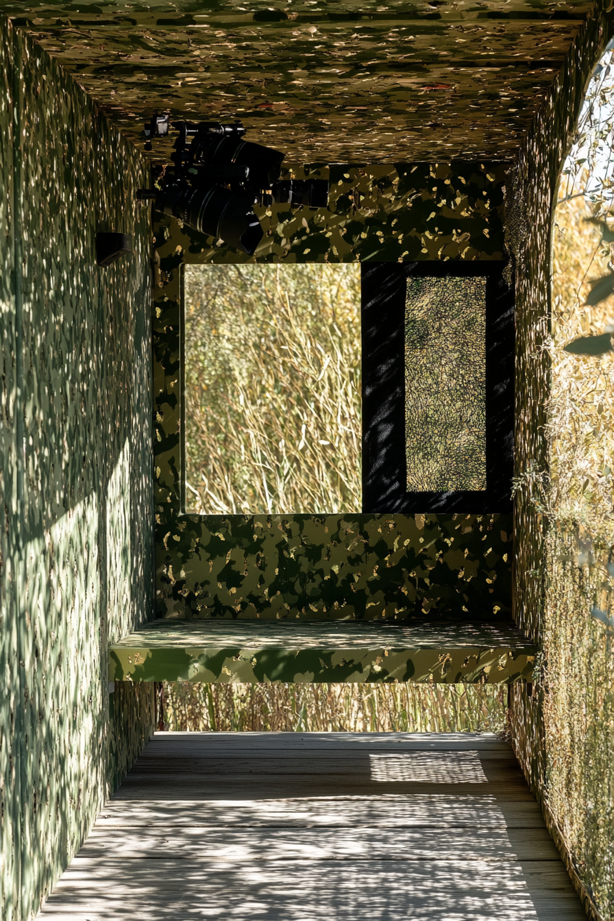 Nature Observation Space. Bird watching blind with olive-green camouflage patterns with DSLR camera mounts.