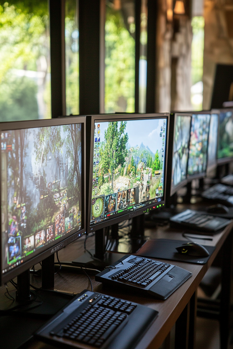 Social Gaming Space. Multiple computers screens showing a variety of games in a tournament.