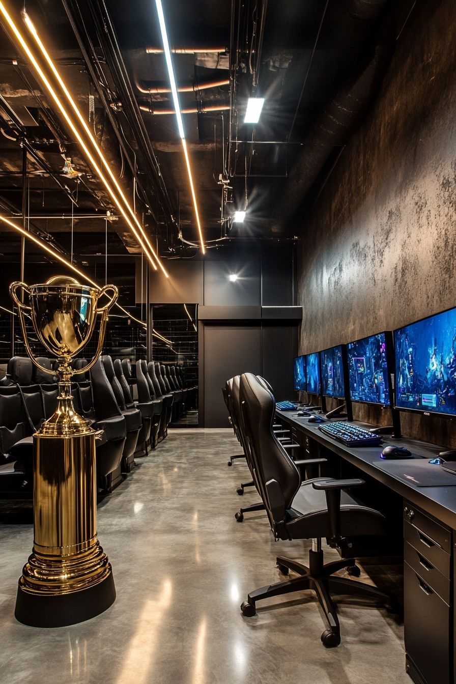 Social gaming space. Bronze trophy stand, sleek black gaming consoles, stadium seating arrangement.