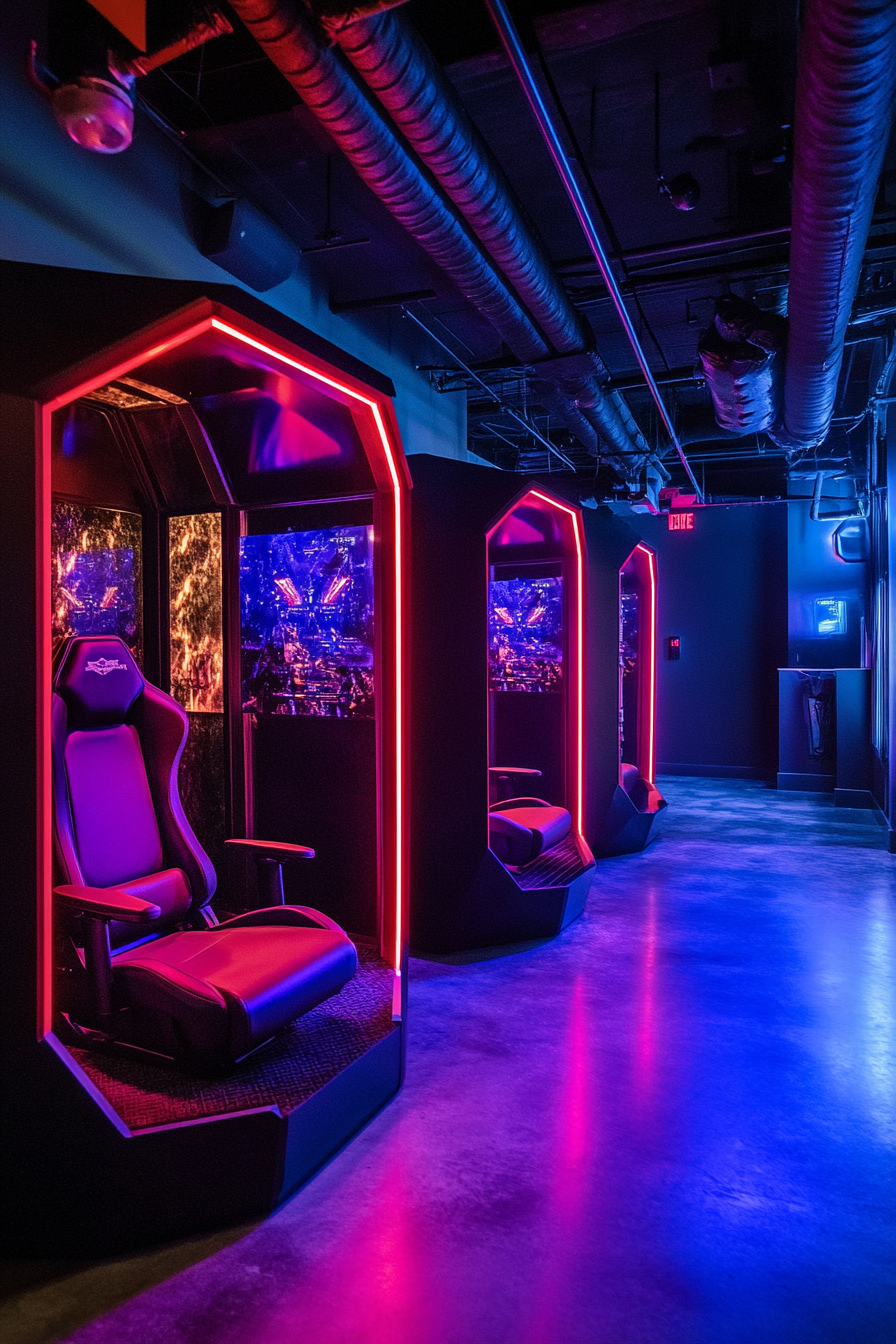 Social gaming space. Battle pod gaming chairs near LED-skimmed soundproof booths.