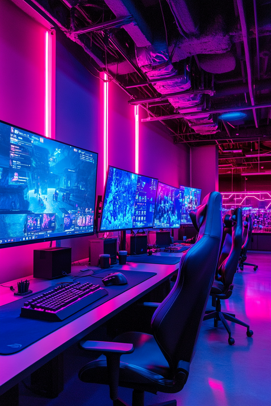 Social gaming space. Large screens projecting eSports tournaments, neon lighting.