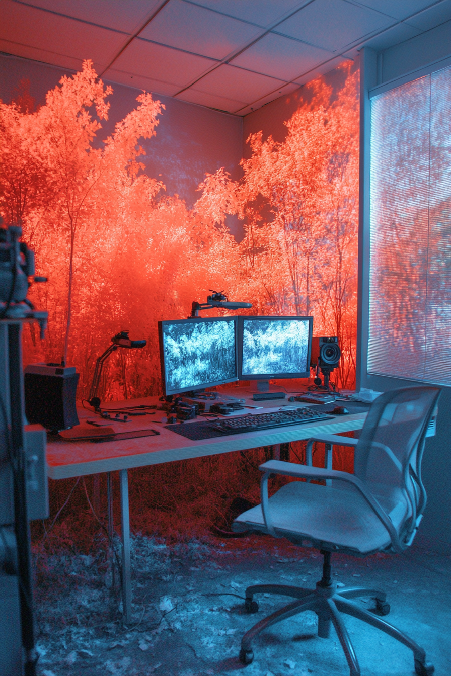 Nature Observation Space. Digital infra-red disguised camera mounts, Hiding blinds, indoor editing station.