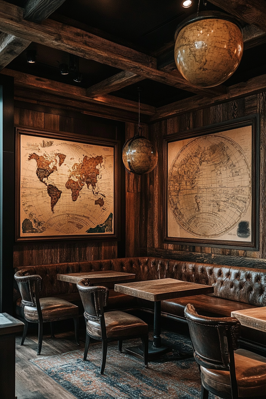 Mountain community space. Wooden map room with antique globes.