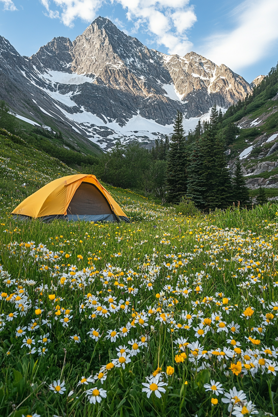 Highland site. Wildflowers cicruling a wind-protected tent pad with stunning peak views.