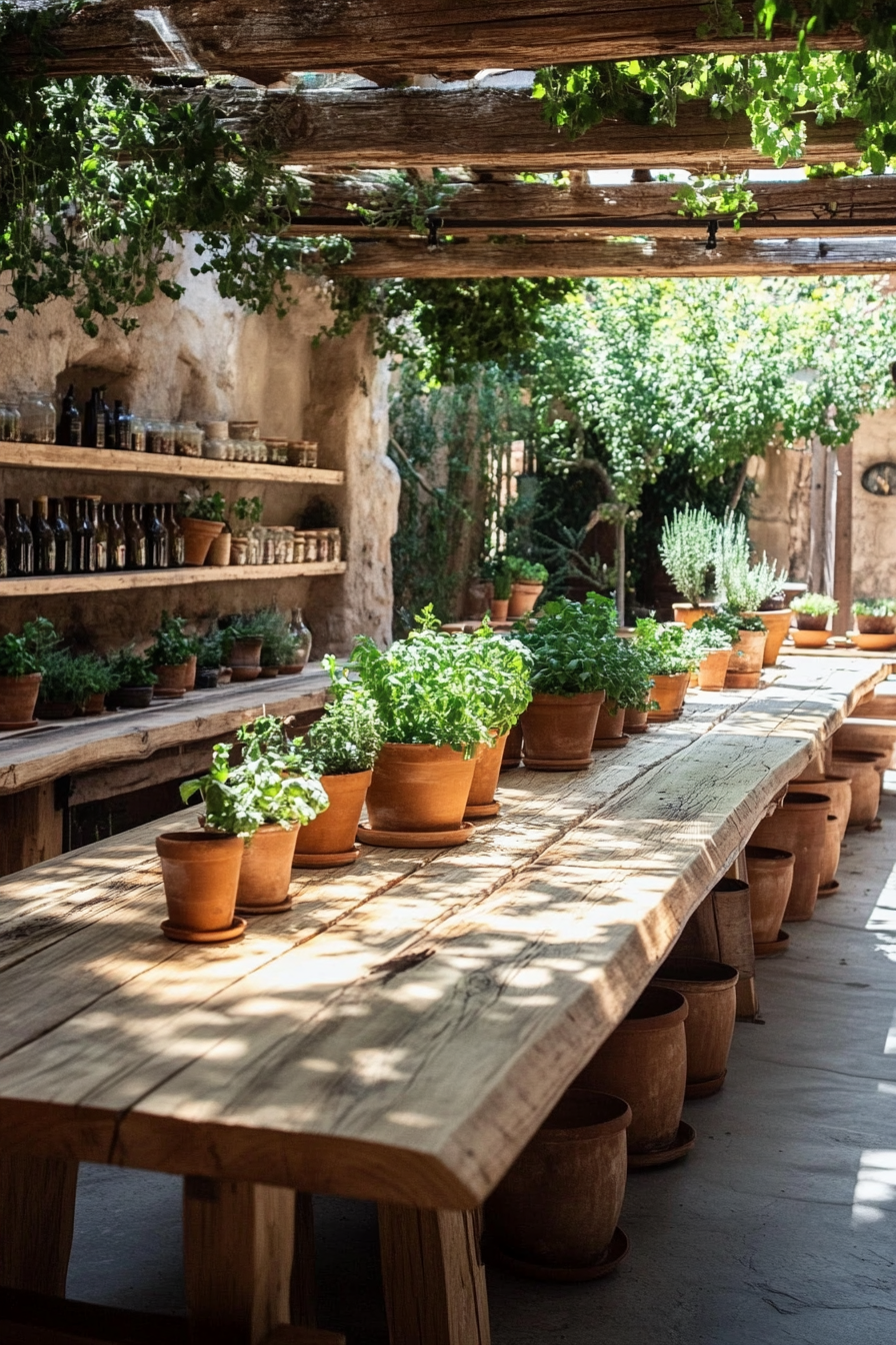 Community living space. Cozy garden kitchen with rustic wooden tables and herbs in terracotta pots.