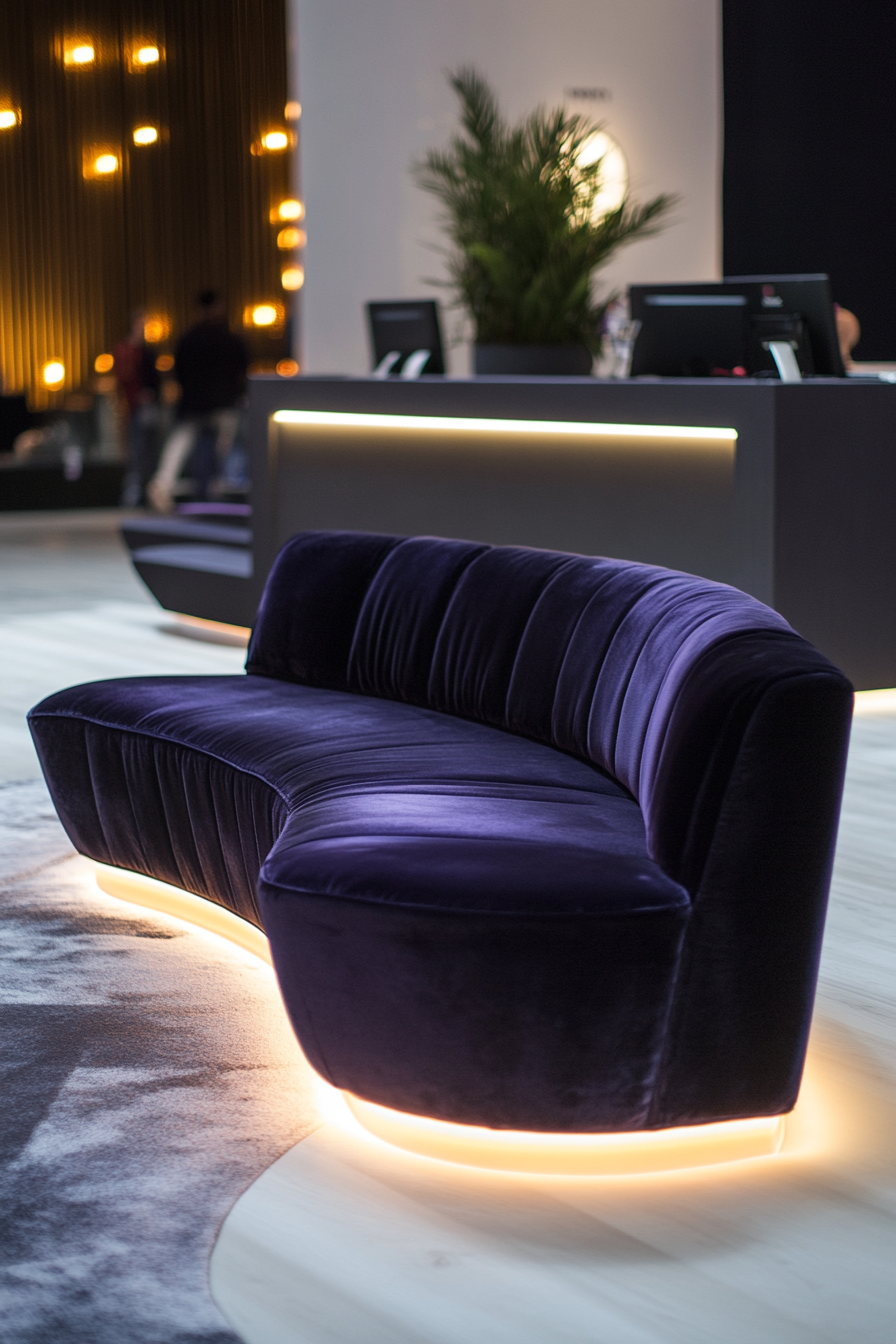 Event support space. Velvet-cushioned arc bench with universal charging docks.