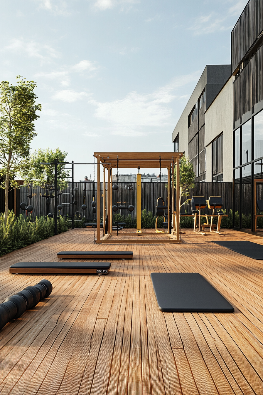 Fitness Community Space. Elevated wooden deck with calisthenics equipment.