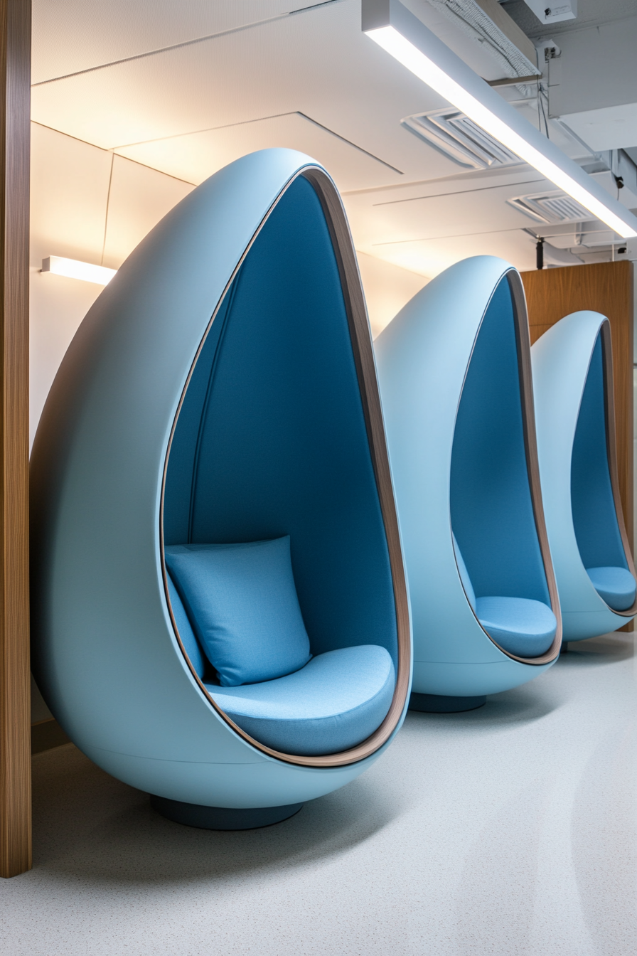 Community space. Teardrop-shaped quiet pods with sky blue upholstery.