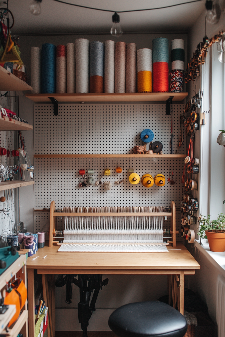 Craft space. Compact loom in corner with cotton reels on wall-mounted pegboard.