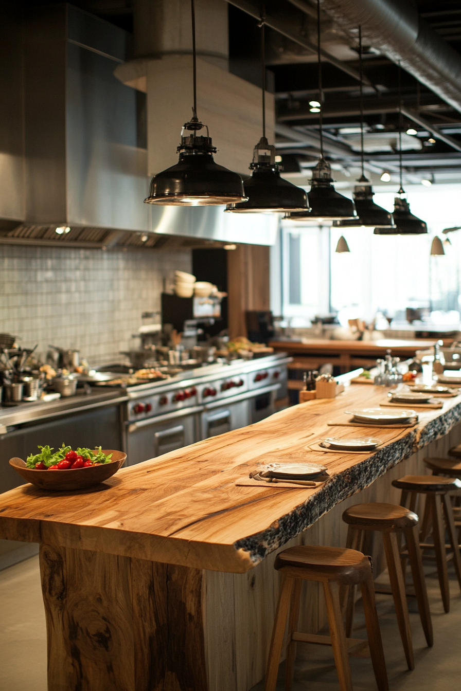 Social cooking space. Wooden communal table beside high-tech preparation stations.