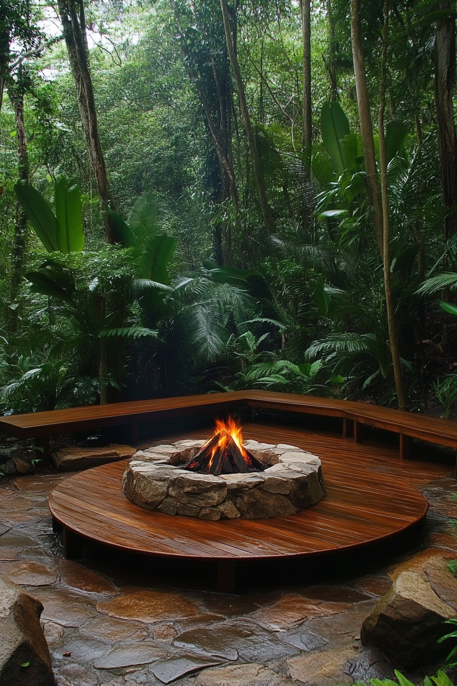 Jungle clearing space. Natural wood platform, central stone fire pit, concealed wildlife stargazing area.