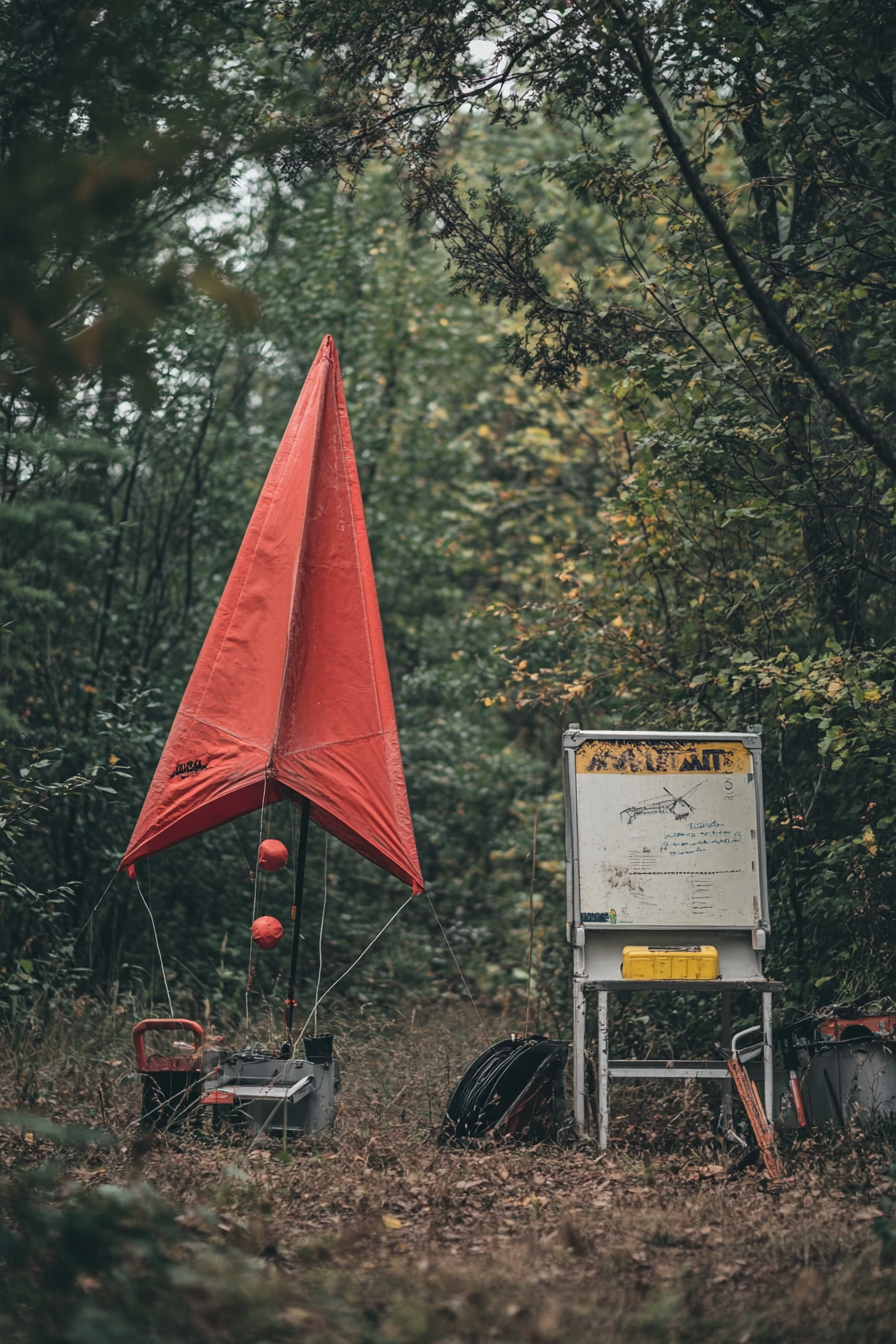 Adventure launch space. Red kite under repair beside safety briefing sign.