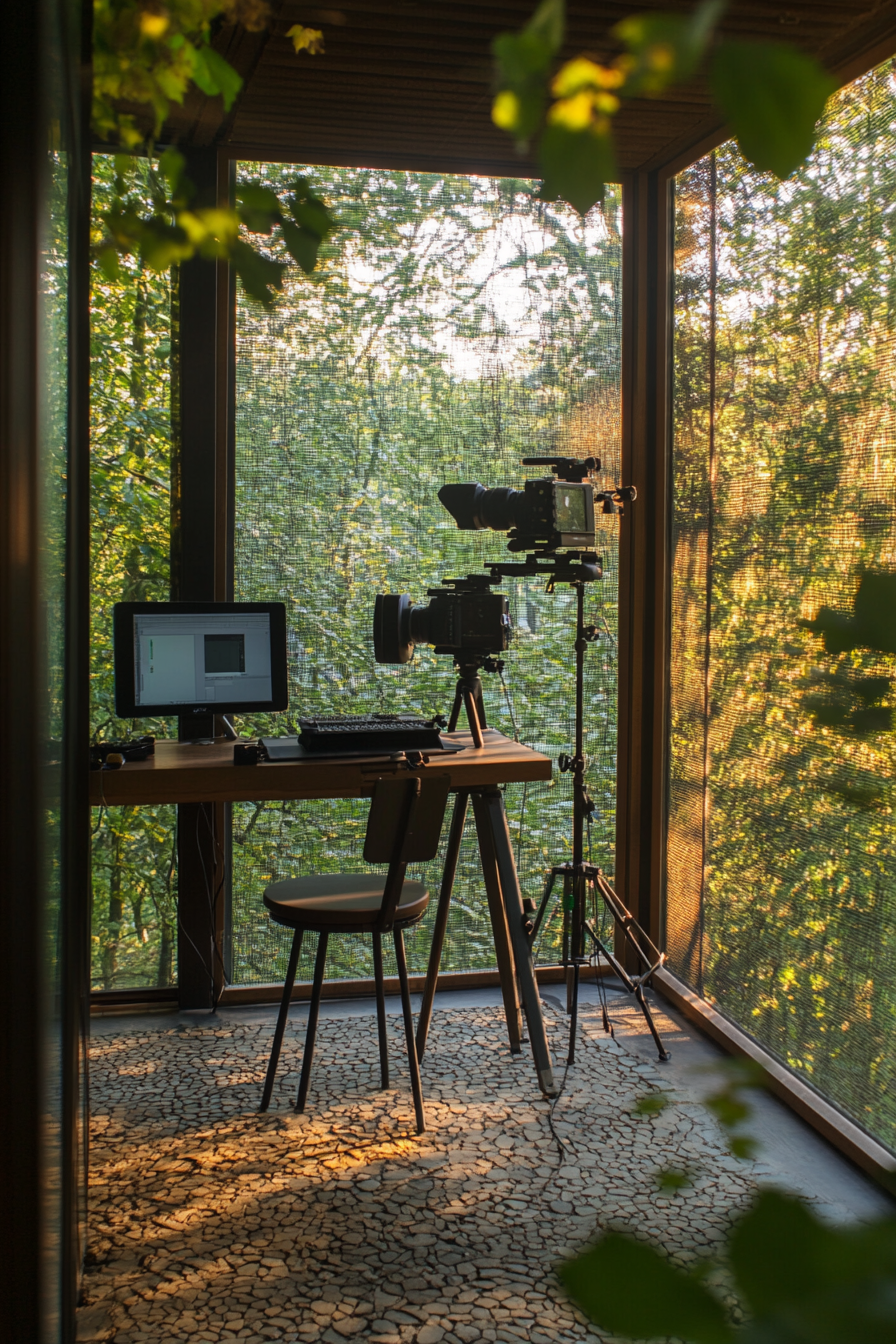 Nature observation space. Mounted camera, concealed blind, post-production editing desk.