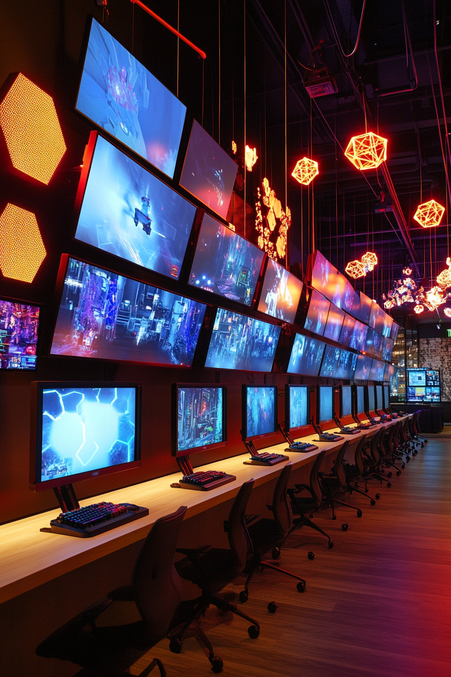 Social gaming space. Giant flat-screen displays over a row of gaming consoles.