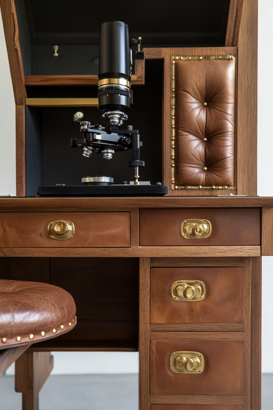 Mobile research space. Leather upholstered microscope station with brass detailing.