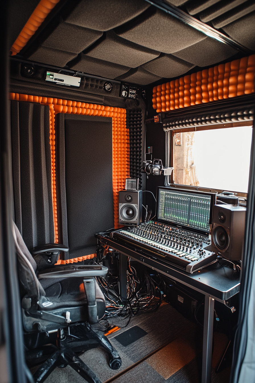 Mobile Studio Space. Portable sound booth, foam insulation, audio mixing desk.