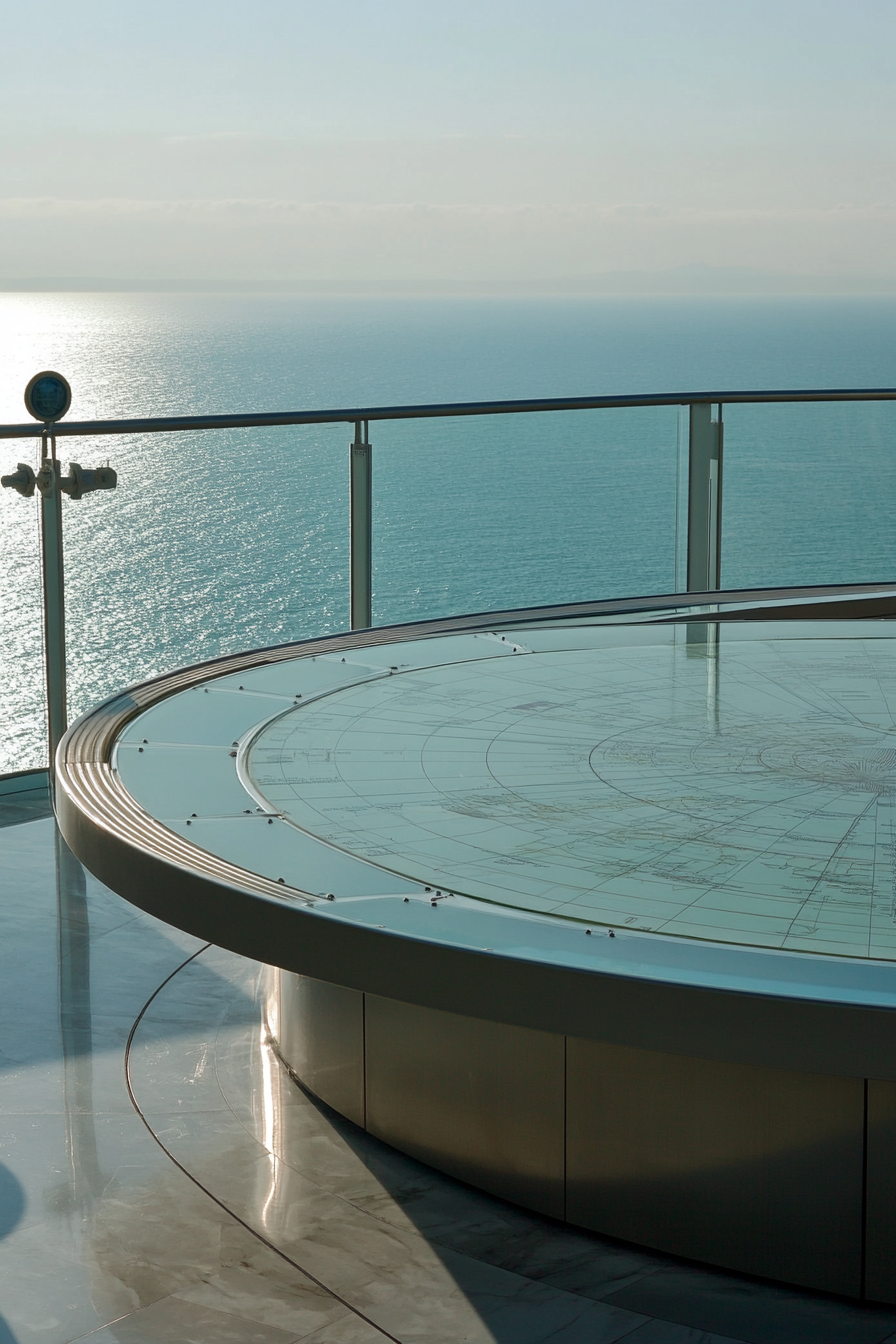 Coastal Analysis Space. Glass viewing deck with meteorological equipment layout map