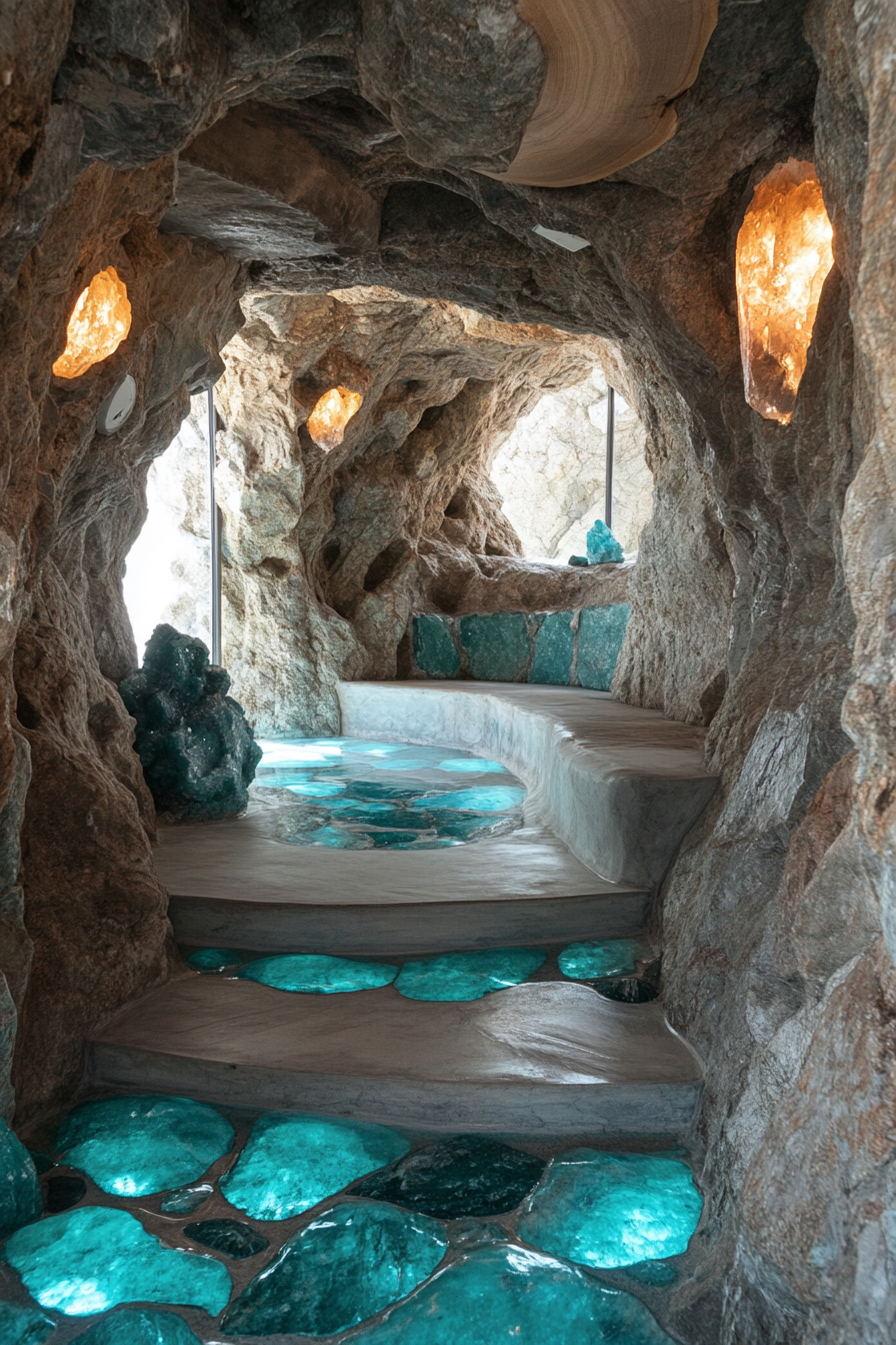 Mountain wellness space. Flagstone meditation cave adorned with turquoise crystals.