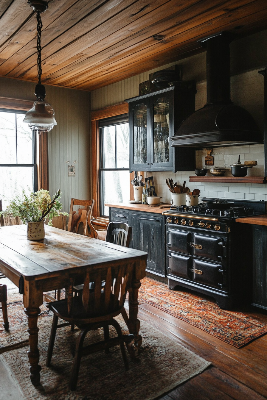 Social Cooking Space. Cast iron stove Island with wooden dining table.